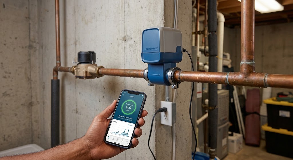 Smart automatic water shutoff valve installed on a home's main copper water line with a phone showing water-flow monitoring