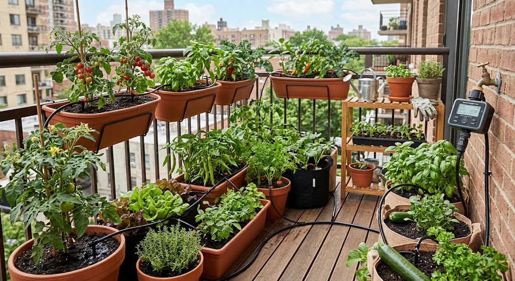 Balcony container vegetable garden connected to a compact smart water timer and low-flow drip irrigation tubing