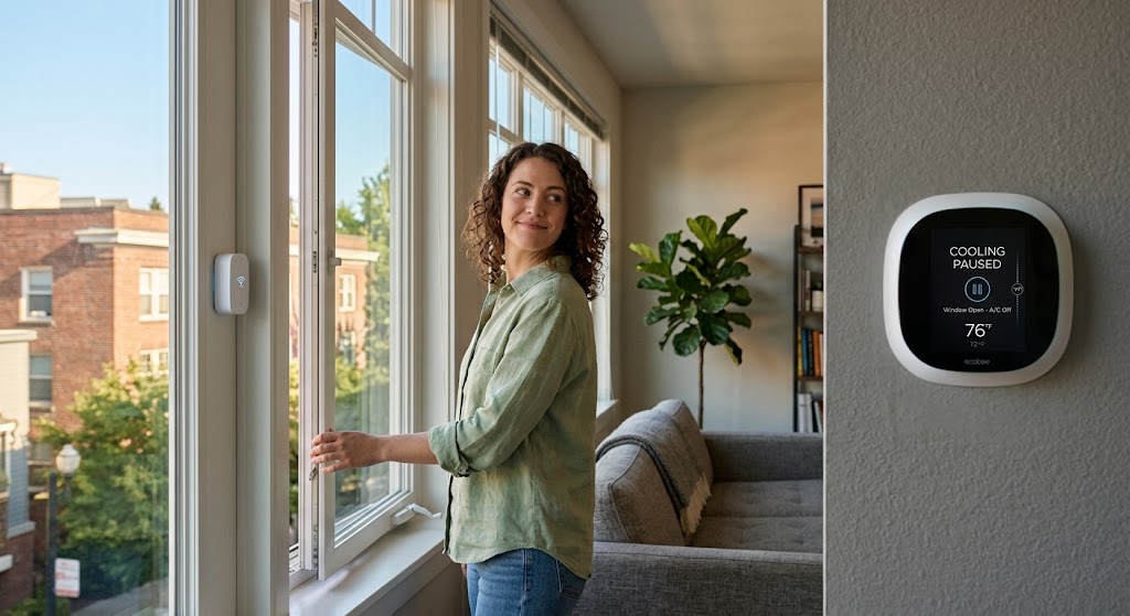 Small wireless contact sensor on an apartment window triggering a smart thermostat cooling pause