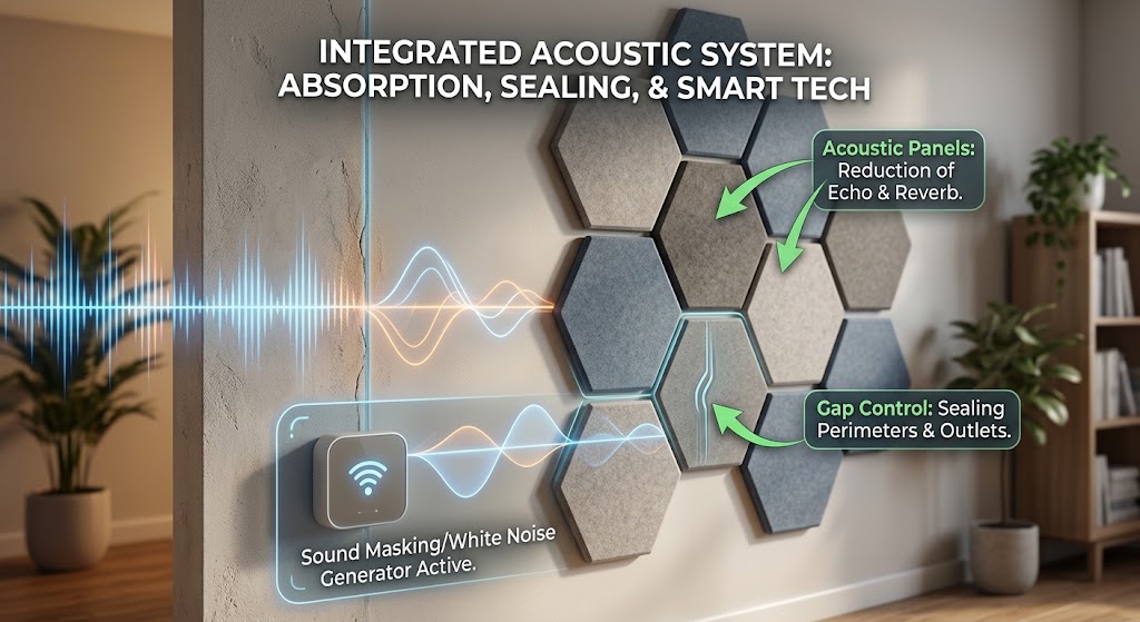 Modern apartment living room with removable hexagonal acoustic wall panels, soft furnishings, and a smart speaker used for sound masking