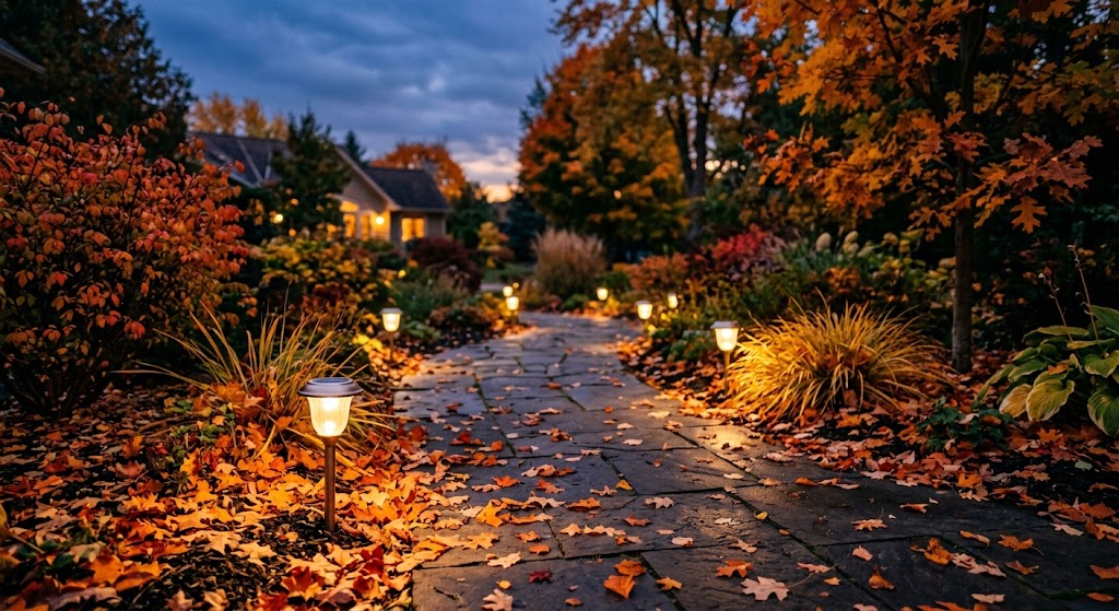 Warm solar garden path lights glowing beside orange autumn leaves along a landscaped walkway at dusk