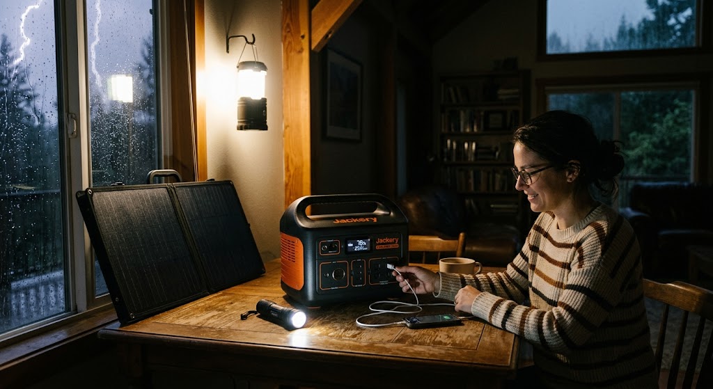 Portable battery power station beside a folded solar panel and emergency lighting during a storm-related home power outage