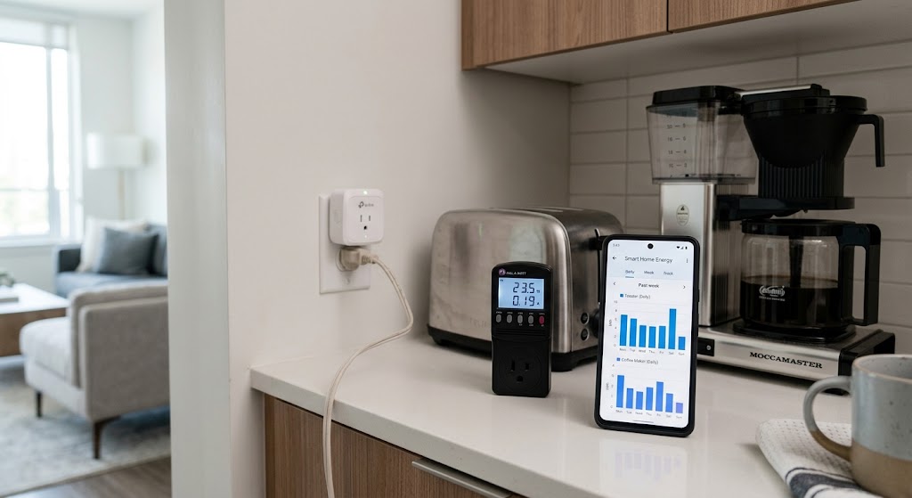 Energy-monitoring smart plug and compact power meter beside household appliances in a modern apartment, with a phone showing simple energy-use graphs
