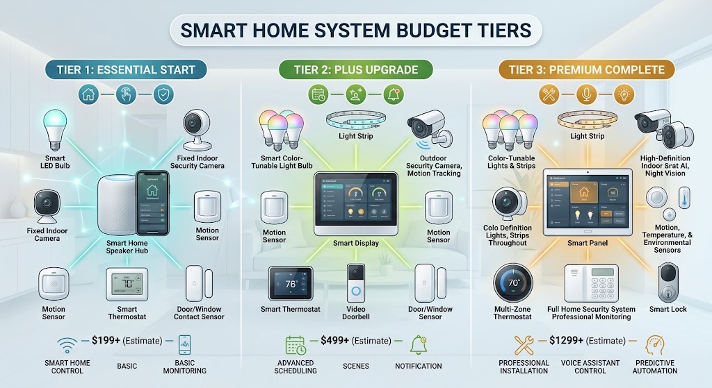 Modern smart-home hub, dashboard, smart light, camera, sensors, thermostat, and security devices arranged as three budget tiers