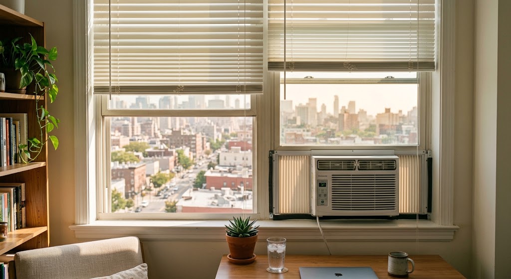 Window air conditioner installed in a bright apartment room with partially closed blinds and a hot late-summer city skyline outside