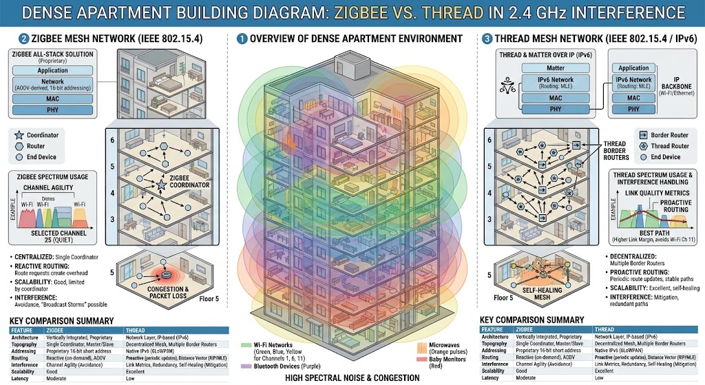 Dense apartment building diagram comparing Zigbee and Thread smart-home mesh networks among overlapping 2.4 GHz wireless signals